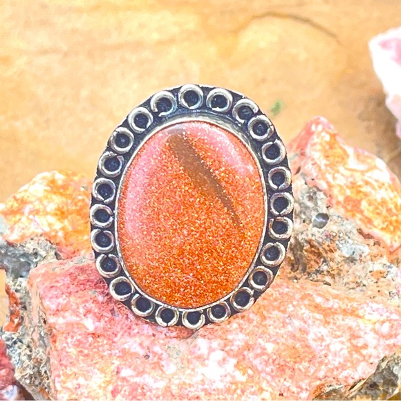 New Artisan Rare Natural Goldstone 925 Sterling Silver Oval Beaded Bezel Ring - Picture 3 of 14